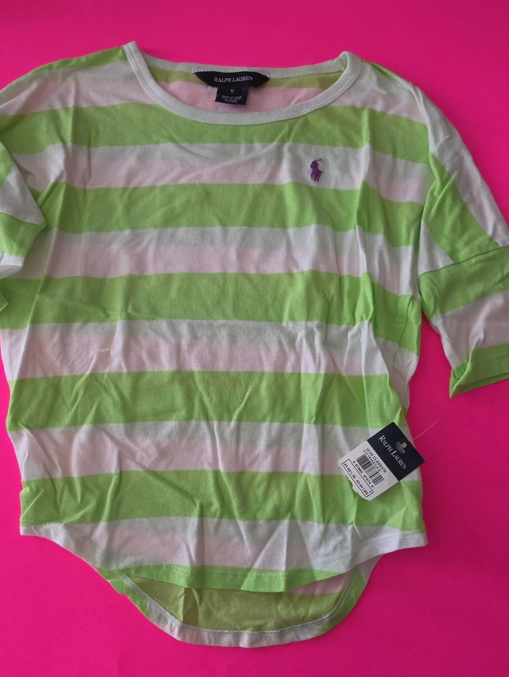 Ralph Lauren Lime Green and White Striped Girls Tee with Purple Pony